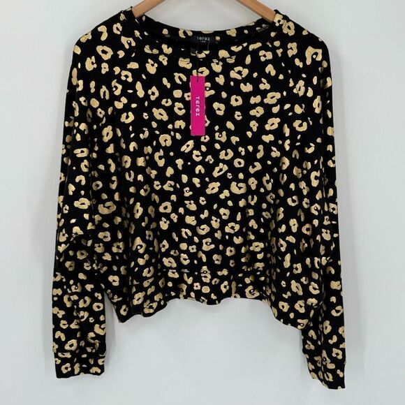 Terez Metallic Foil Cheetah Print Crewneck Sweatshirt Women Large Black Gold NWT - Picture 3 of 8